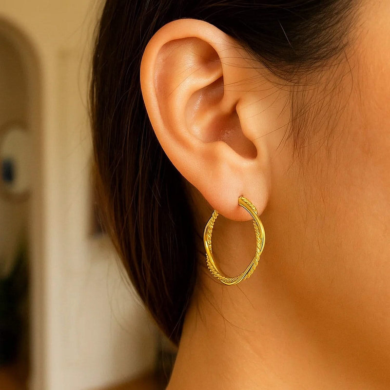 14k Yellow Gold Two Part Textured Twisted Round Hoop Earrings(3x25mm) Product Image
