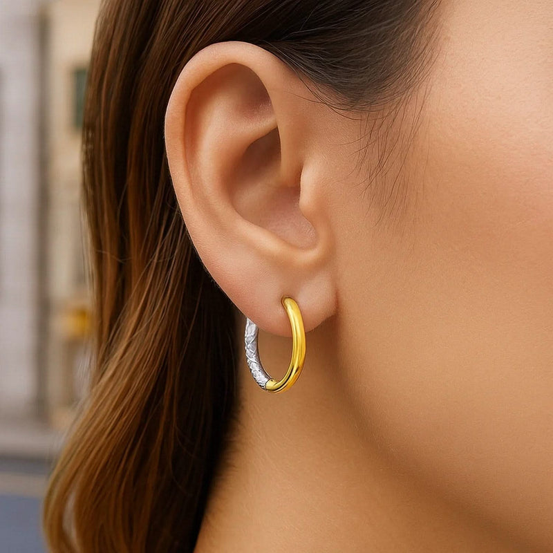14k Two-Tone Gold Hoop Earrings with Textured Style(2.5x15mm) Product Image