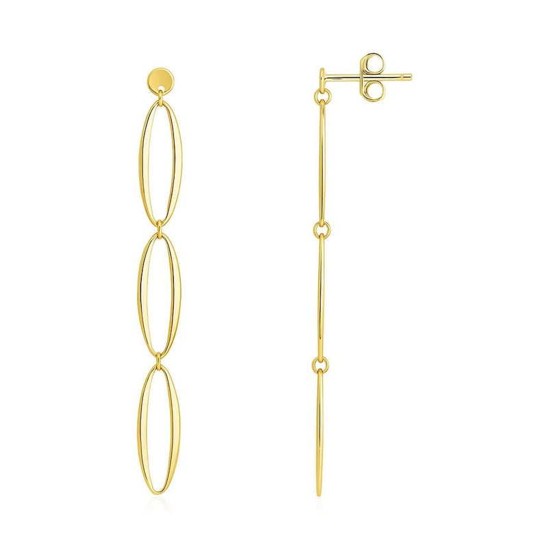 14K Yellow Gold Triple Oval Fancy Drop Earrings 14K yellow gold ring with three oval bezel-set openwork drop shapes