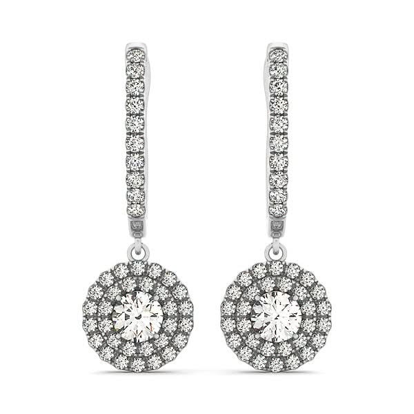 14k White Gold Double Halo Round Diamond Drop Earrings (1 cttw) 14K white gold drop earrings with round diamond double halo stones