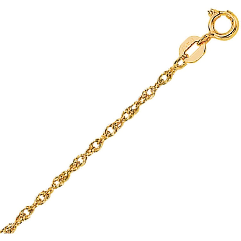 14k Yellow Gold Machine Rope Chain (1.10 mm) 14K yellow gold rope chain with fine twisted 1.10 mm link pattern