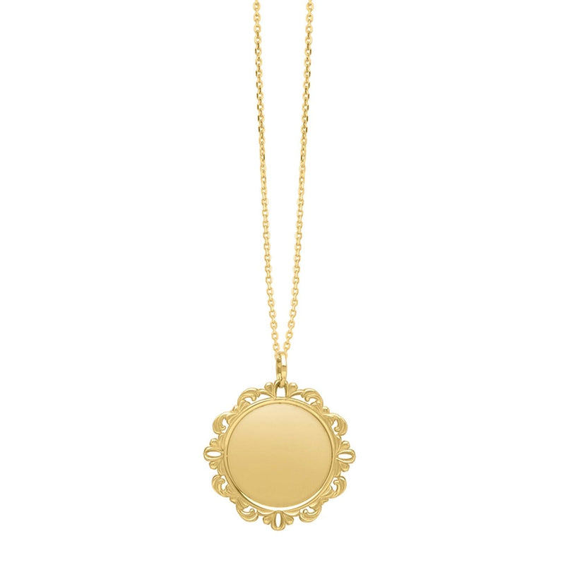 Baroque Round Pendant and Necklace in 14K Yellow Gold 14K yellow gold Baroque round pendant necklace with openwork disc