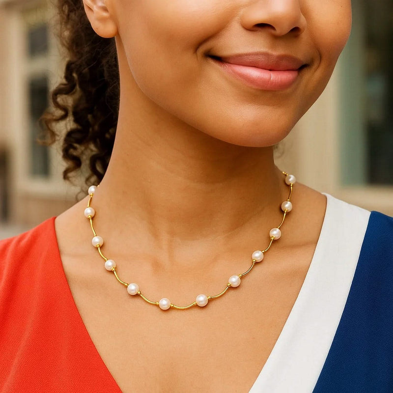 14k Yellow Gold Arc Link Necklace with White Pearls Product Image