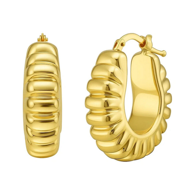 14K Yellow Gold Polished Puffed Ribbed Hoop Earrings 14K yellow gold puffed ribbed hoop earrings with polished finish