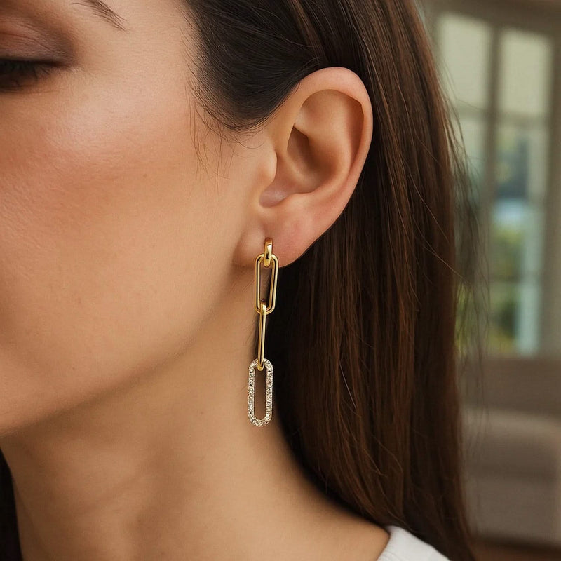 14k Yellow Gold Paperclip Chain Dangle Earrings with Diamonds Product Image
