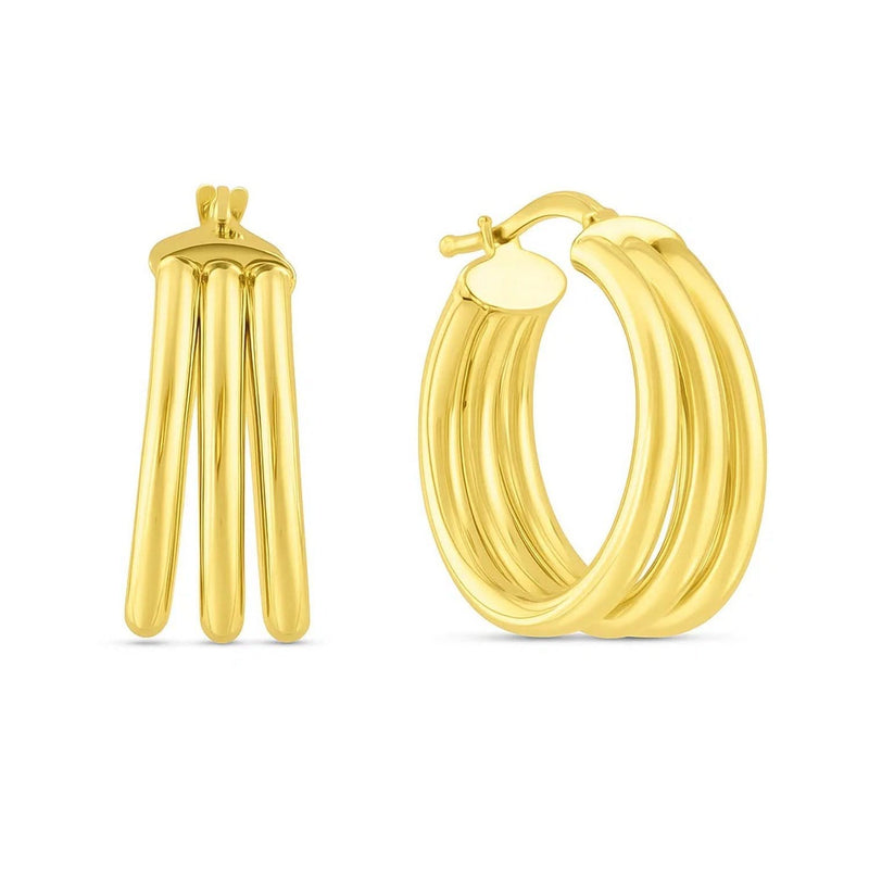 14K Yellow Gold Large Triple Row Hoop Earrings (15.00 mm) 14K yellow gold triple row hoop earrings in a 15mm large diameter