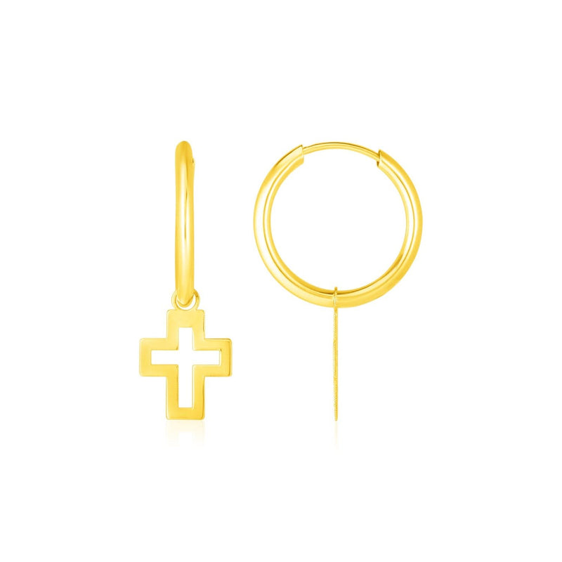 14K Yellow Gold Hoop Polished Earrings with Crosses Product Image