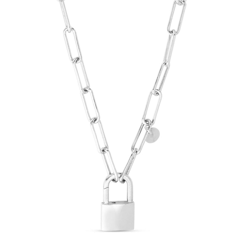 Sterling Silver Rhodium Plated Lock Paperclip Link Necklace Sterling silver rhodium plated paperclip link necklace with lock closure