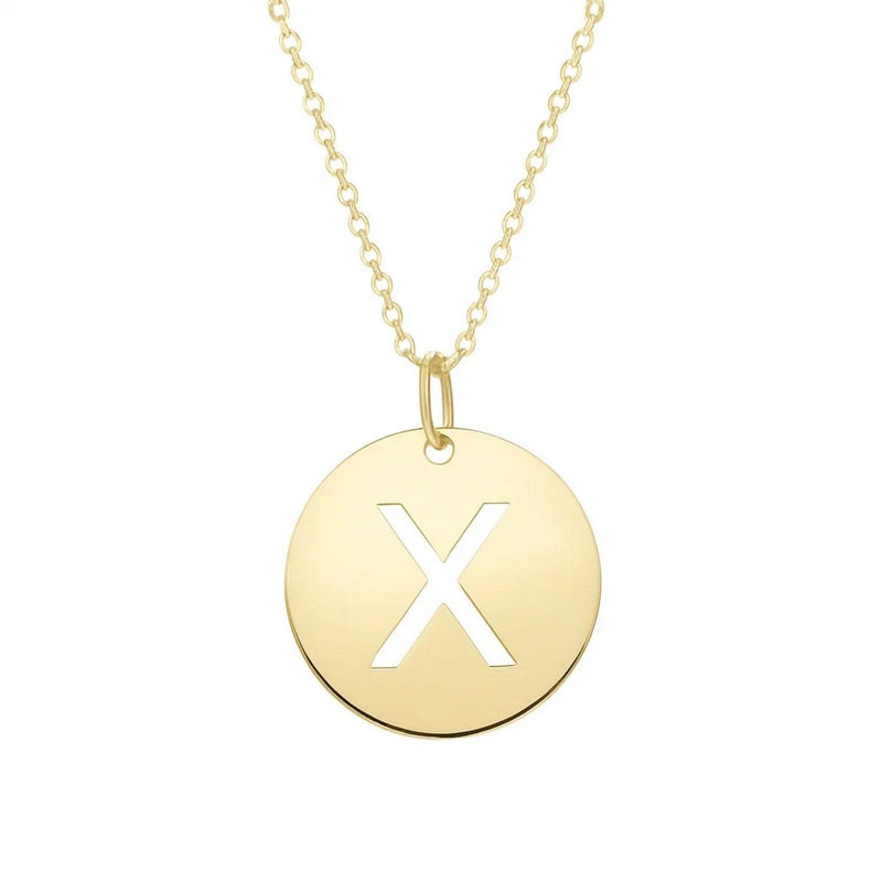 14K Yellow Gold Disc Initial X Pendant 14K yellow gold disc initial X pendant with cutout letter design