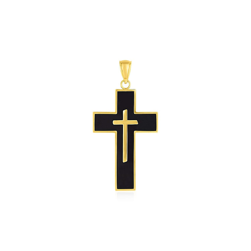 Cross Pendant with Black Enamel in 14k Yellow Gold 14K yellow gold cross pendant with black enamel front face