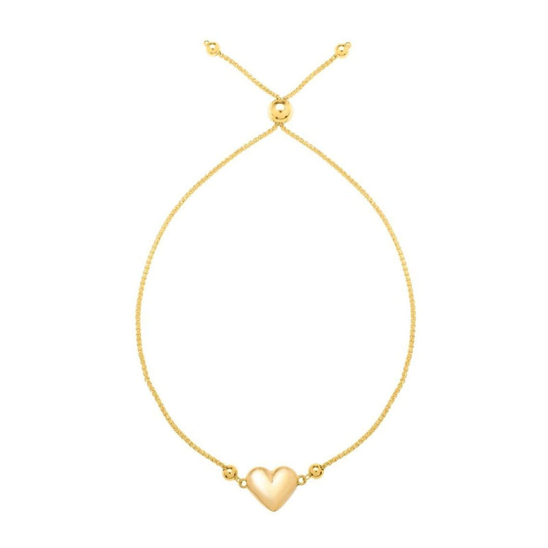 Adjustable Puffed Heart Draw String Bracelet in 14K Yellow Gold 14K yellow gold puffed heart draw string bracelet with heart charm