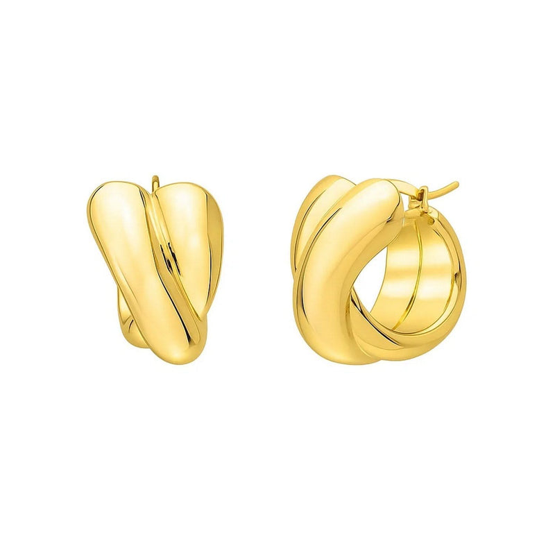 Crossover Hoop Earrings in 14K Yellow Gold 14K yellow gold crossover ring with overlapping smooth bands and no stones