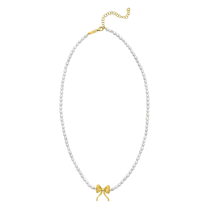 14K Yellow Gold Bow and Pearl Necklace 14K yellow gold bow necklace with 1 pear pearl stone