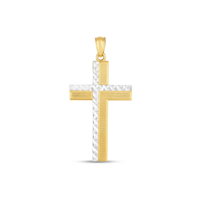 14k Two Tone Gold High Polish Diamond Cut Cross Pendant 14K two-tone gold cross pendant with diamond-cut polished finish