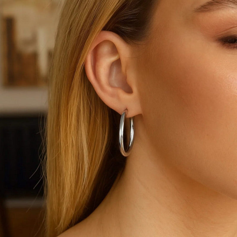 Sterling Silver Hoop Style Earrings with Polished Rhodium Plating (3x30mm) Product Image