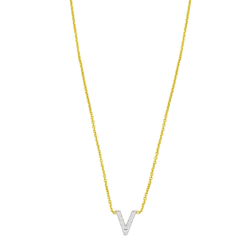 14K Yellow Gold Mini Diamond V Initial Pendant Necklace 14K yellow gold V initial pendant necklace with a single diamond accent