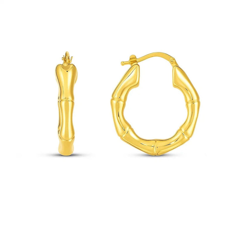 14k Yellow Gold Medium Bamboo Hoop Earrings 14K yellow gold medium bamboo hoop earrings with grooved textured surface