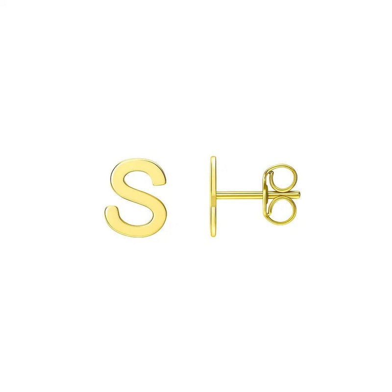 14K yellow gold initial S stud earrings with polished letter design