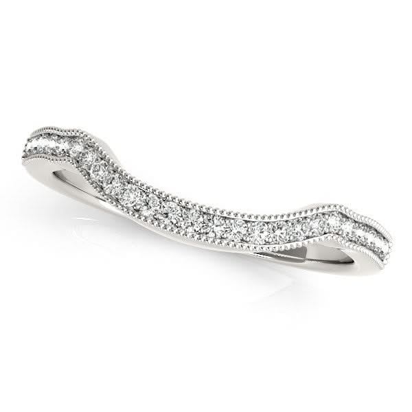 14k White Gold Curvy Style Pave Set Diamond Wedding Band (1/6 cttw) 14K white gold ring with round diamond stones in a curved pave band
