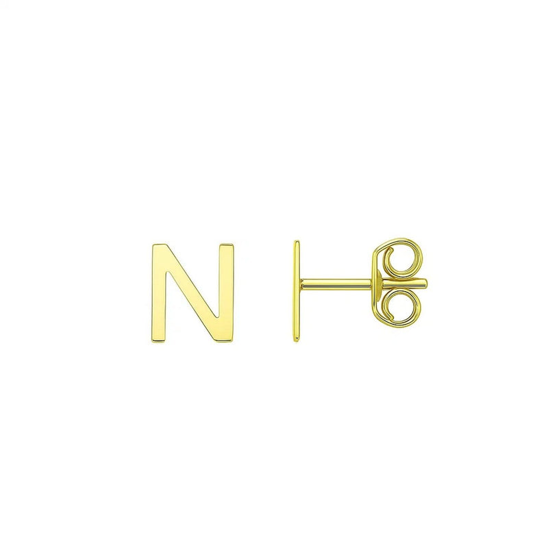 14K yellow gold initial N stud earrings with polished letter face