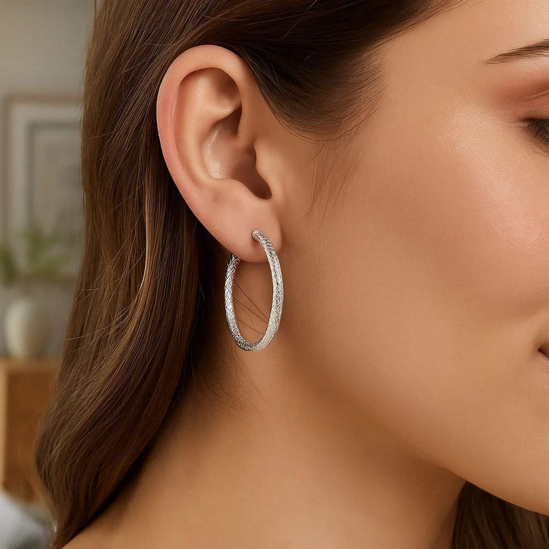 Sterling Silver Large Hoop Earrings with Braid Texture(3x35mm) Product Image