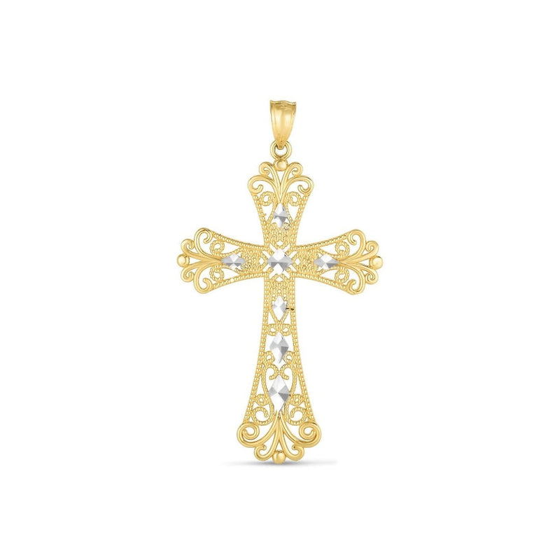 14k Two Tone Gold High Polish Diamond Cut Cross Pendant 14K two-tone gold cross pendant with high polish and diamond-cut finish