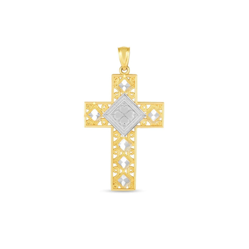 14k Two Tone Gold High Polish Diamond Cut Cross Pendant 14K two-tone gold cross pendant with diamond-cut high-polish finish