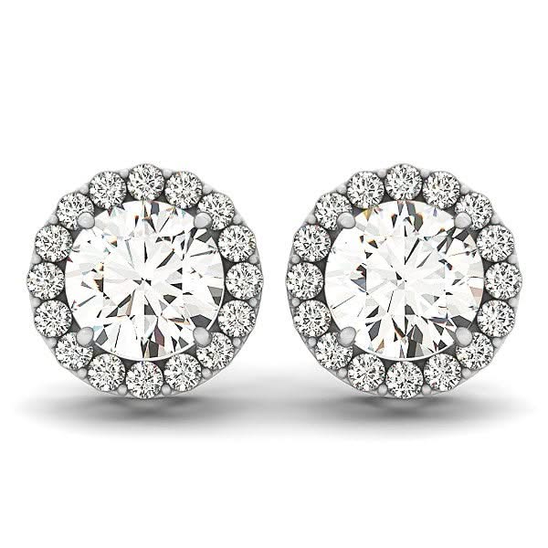 14k White Gold Four Prong Round Halo Diamond Earrings (1 1/6 cttw) 14K white gold ring with round diamond center and round diamond halo stones