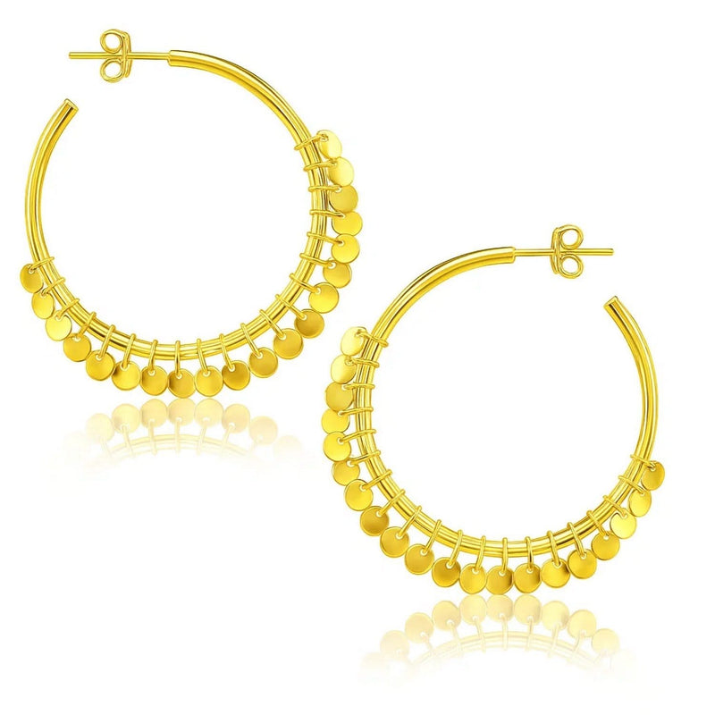 14k Yellow Gold Hoop Style Earrings with Dangling Sequins 14K yellow gold hoop earrings with dangling sequin disc drops