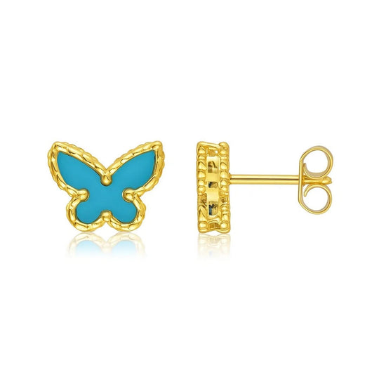 14K yellow gold butterfly stud earrings with pave turquoise stones