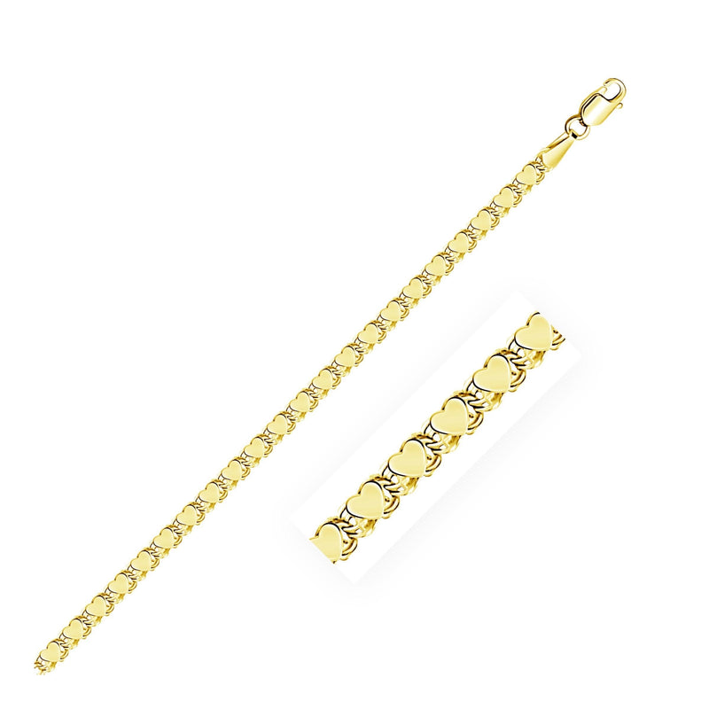 3.0mm 10k Yellow Gold Heart Anklet 10K yellow gold anklet with heart-shaped link chain and lobster clasp