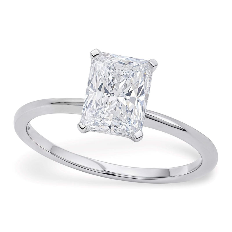 2 Carat Radiant Lab Grown IGI G/VS1 Diamond Solitaire Ring in 14K White Gold 14K white gold ring with 1 radiant diamond solitaire stone