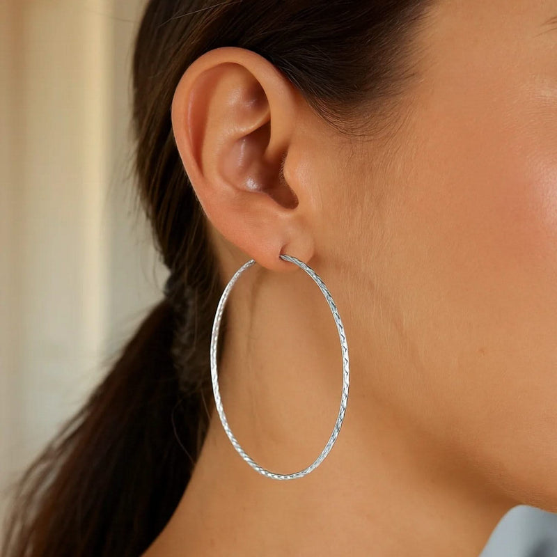 Sterling Silver Large Textured Round Hoop Earrings(1.6x60mm) Product Image