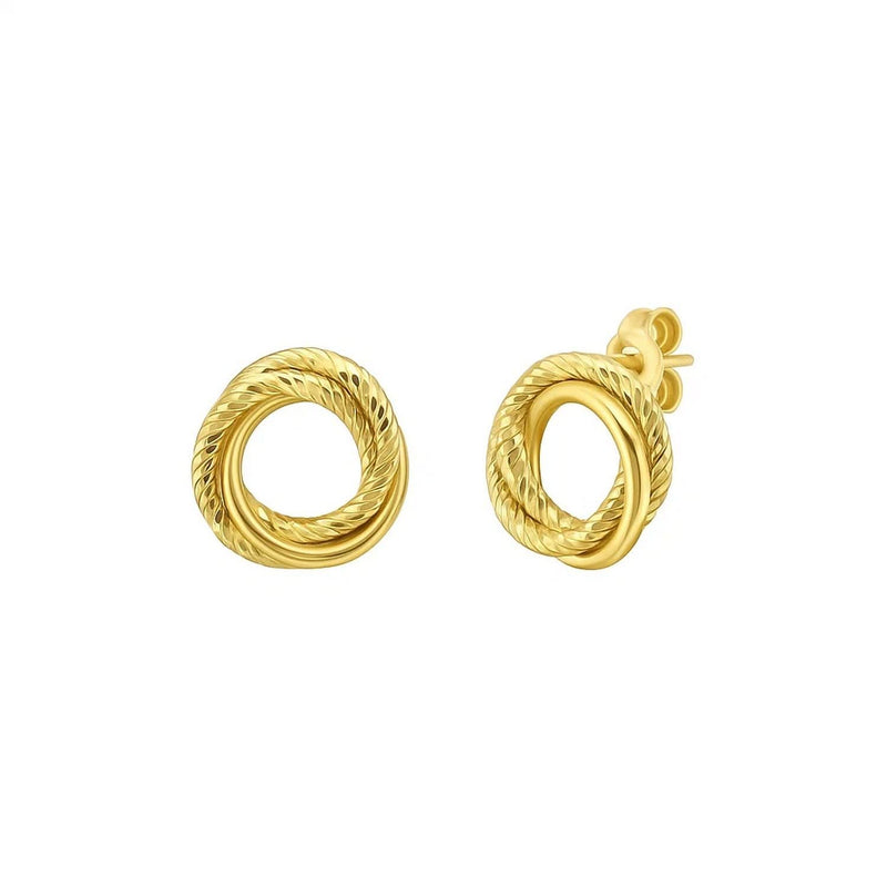 14K Yellow Gold Diamond Cut Interlocking Trinity Stud Earrings (11.30 mm) 14K yellow gold trinity stud earrings with diamond-cut faceted circles