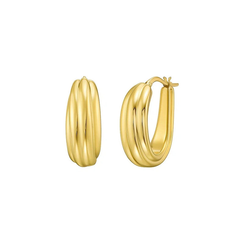 14K Yellow Gold Ribbed Hoop Earrings 14K yellow gold ribbed hoop earrings with grooved rounded profile