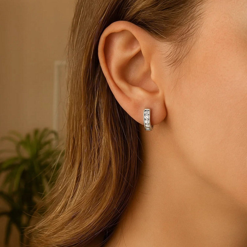 Sterling Silver Petite Hoop Earrings with Cubic Zirconias(3x10mm) Product Image