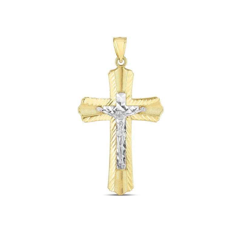14k Two Tone Gold High Polish Diamond Cut Cross Pendant 14K two-tone gold cross pendant with diamond-cut high polish faceting