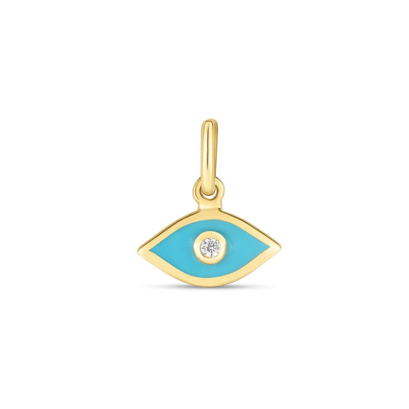 14k Yellow Gold Mini Blue Enamel Evil Eye Charm 14K yellow gold mini evil eye charm pendant with blue enamel detail