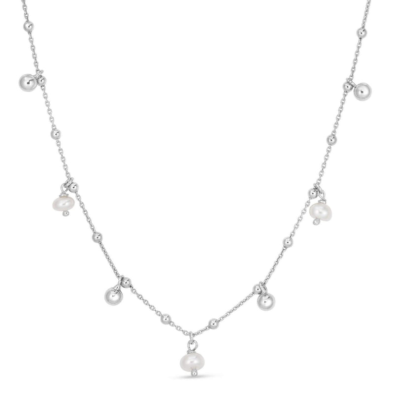 Sterling Silver Rhodium Plated Pearl Station Charm Necklace Rhodium plated sterling silver station necklace with pear pearl stones
