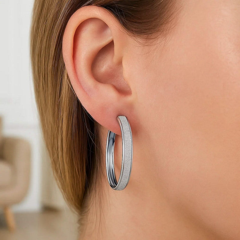 14k White Tone Gold Hoop Style Earrings with Center Glitter Look Design(4x30mm) Product Image