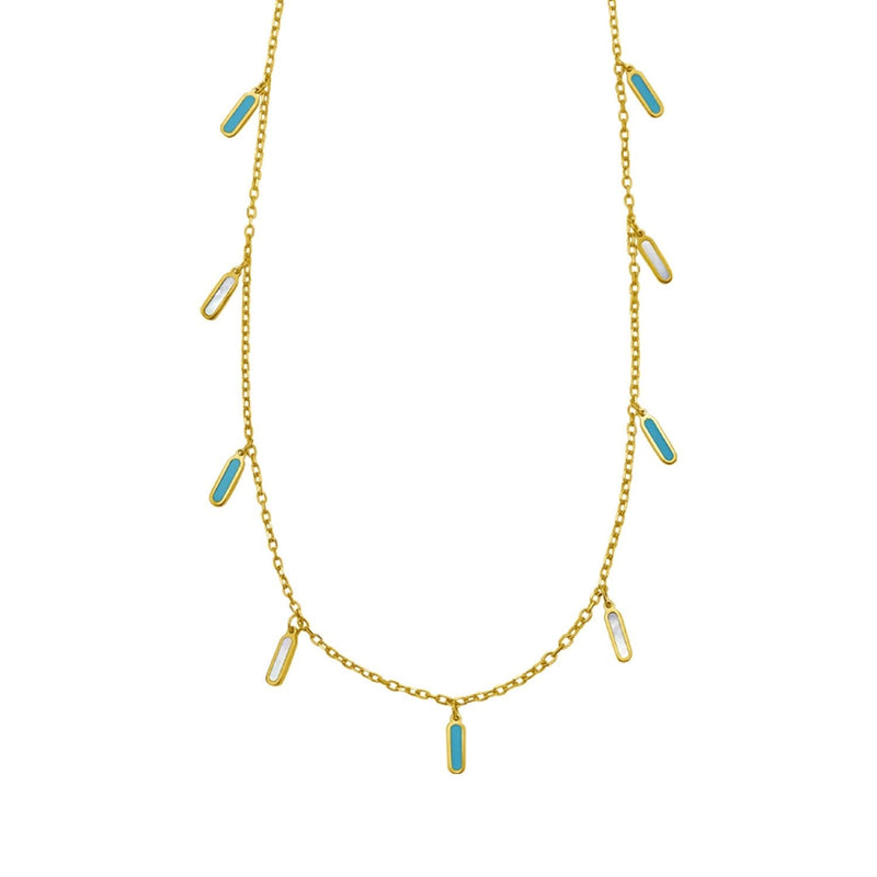 14K Yellow Gold Turquoise And MOP Inlay Station Necklace 14K yellow gold station necklace with turquoise and mother-of-pearl inlay