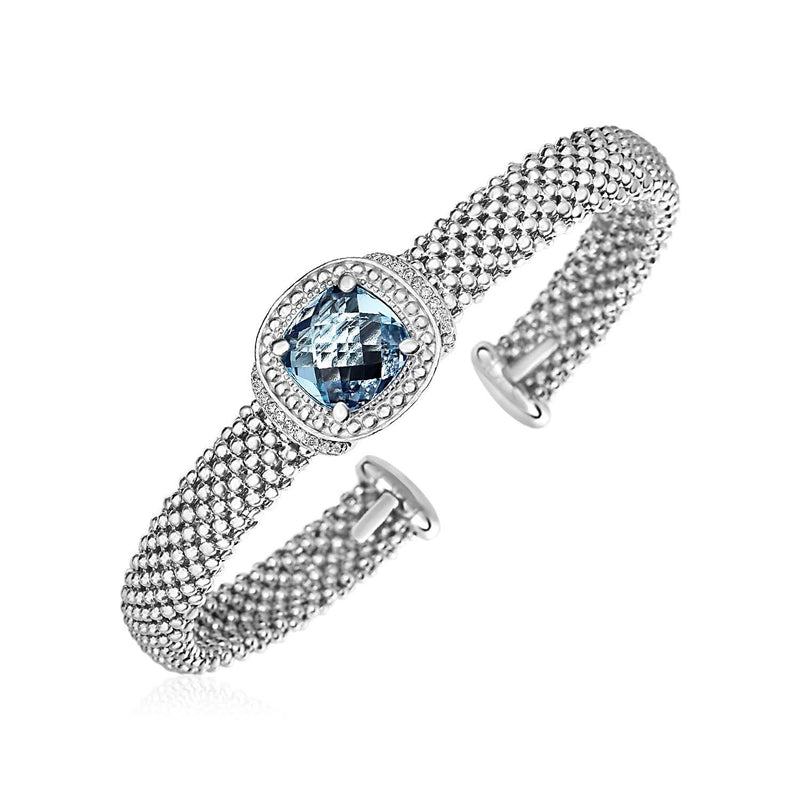 Popcorn Texture Cuff Bangle with Blue Topaz and Diamonds in Sterling Silver Product Image