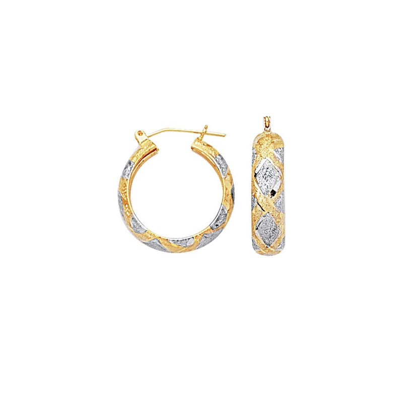 10K Two Tone Gold Diamond Cut X Hinged Hoop Earrings (6.00 mm) 10K two-tone gold X hinged hoop earrings with diamond-cut faceting