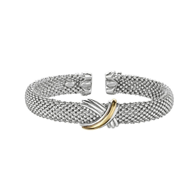 Popcorn Texture Cuff Bangle with X Motif in Sterling Silver and 18k Yellow Gold Product Image