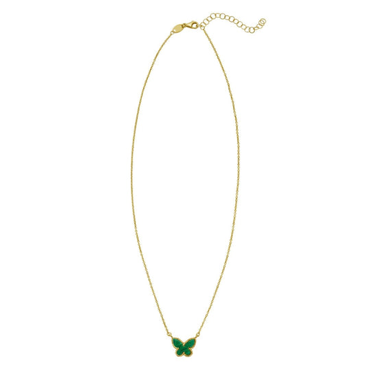14K yellow gold butterfly necklace with green malachite inlay