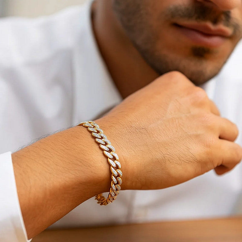 14k Two Tone Gold Curb Chain Bracelet with Diamond Pave Links (9.50 mm) Product Image