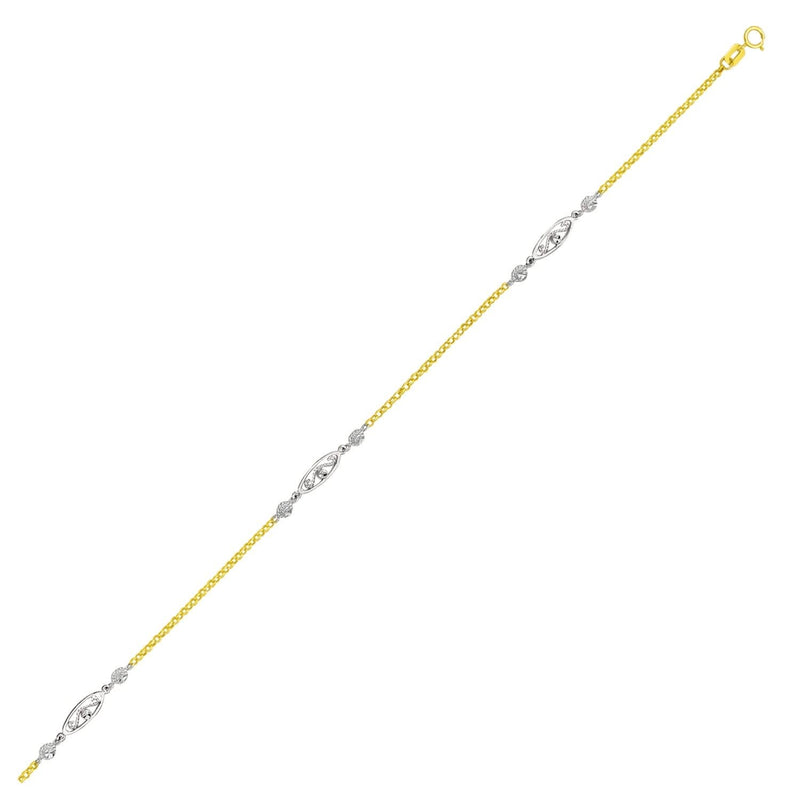 14k Two-Tone Gold Chain Anklet with Rope Design Oval Stations 14K two-tone gold anklet with rope design and oval stations