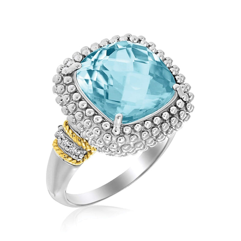 18k Yellow Gold & Sterling Silver Sky Blue Topaz and Diamond Popcorn Ring 18K yellow gold ring with clustered round diamond and sky blue topaz stones