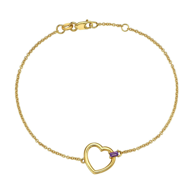 Amethyst Baguette Heart Bracelet in 14K Yellow Gold 14K yellow gold bracelet with baguette amethyst stones in heart settings