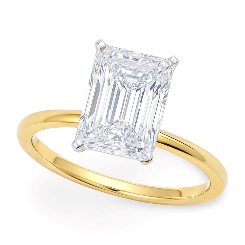 5 Carat Radiant Lab Grown IGI G/VS1 Diamond Solitaire Ring in 10K Yellow Gold 10K yellow gold ring with one radiant lab grown diamond in solitaire setting